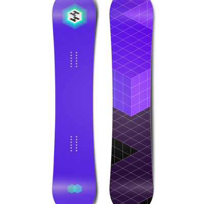Top and bottom view of a snowboard. The top view shows a centred hexagonal logo for Hydrogen that
          appears to radiate outwards, as well as some overlapping hexagons at the bottom. The bottom view shows an
          abstract angular grid in purples.
