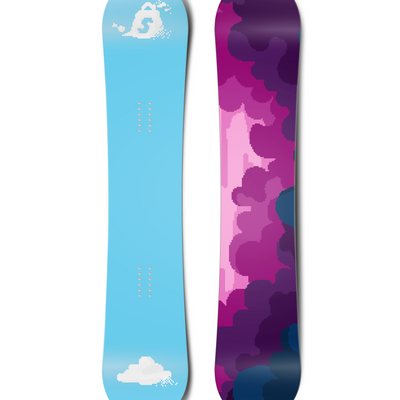 Top and bottom view of a snowboard. The top view shows pixelated clouds, with the top-most one being
        the shape of the Shopify bag logo. The bottom view has a pixelated cloudy sky with blue, pink and purple
        colours.